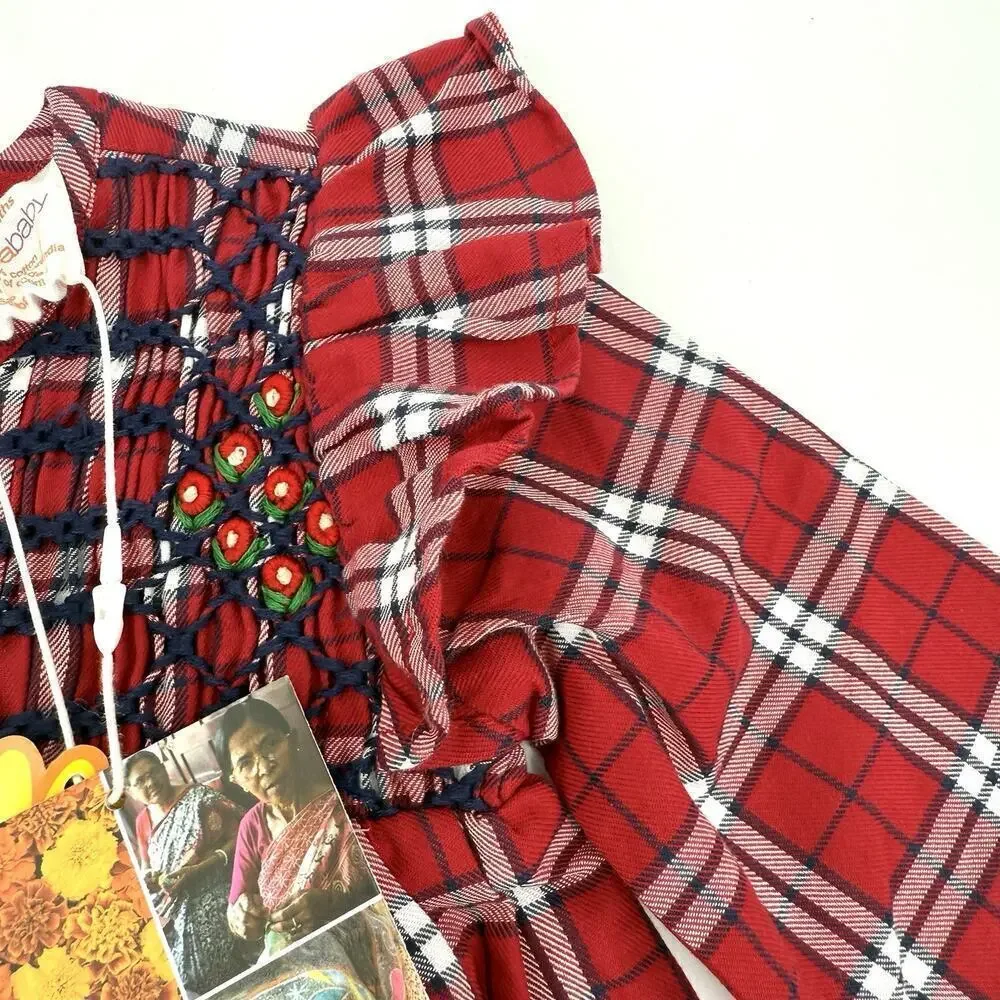 Masalababy Size 18-24 Mos. Red Tartan Plaid Smocked Top Cotton Ruffle Dress NWT